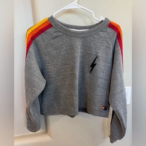 Aviator Nation Bolt Cropped Classic Crew Rainbow Striped Sweatshirt size Small